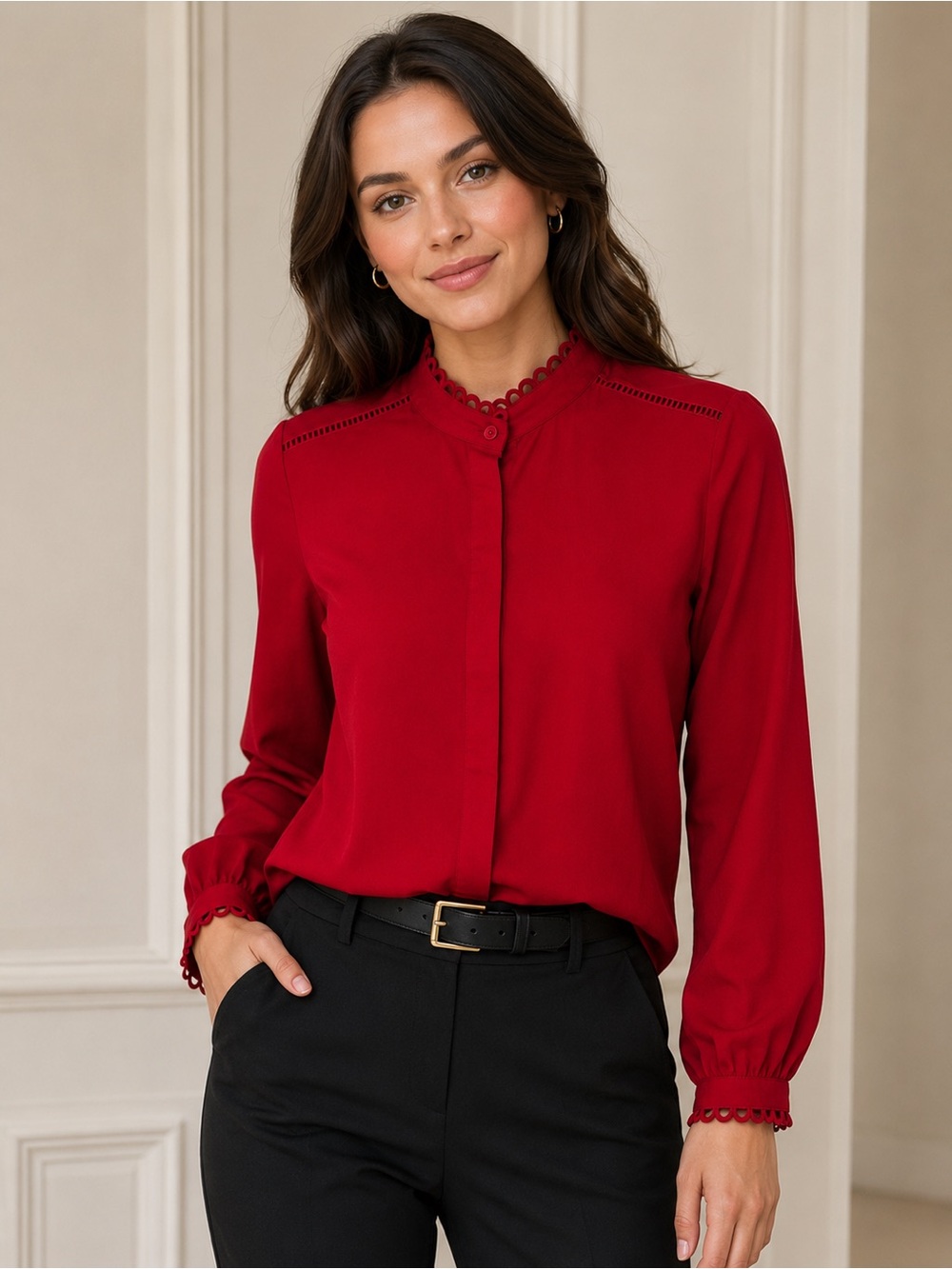 Ann Taylor Trim Mock Neck Blouse Long Sleeve Hidden Button Career Top